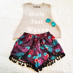 Lovers + Friends Floral Silky Shorts with Tassles